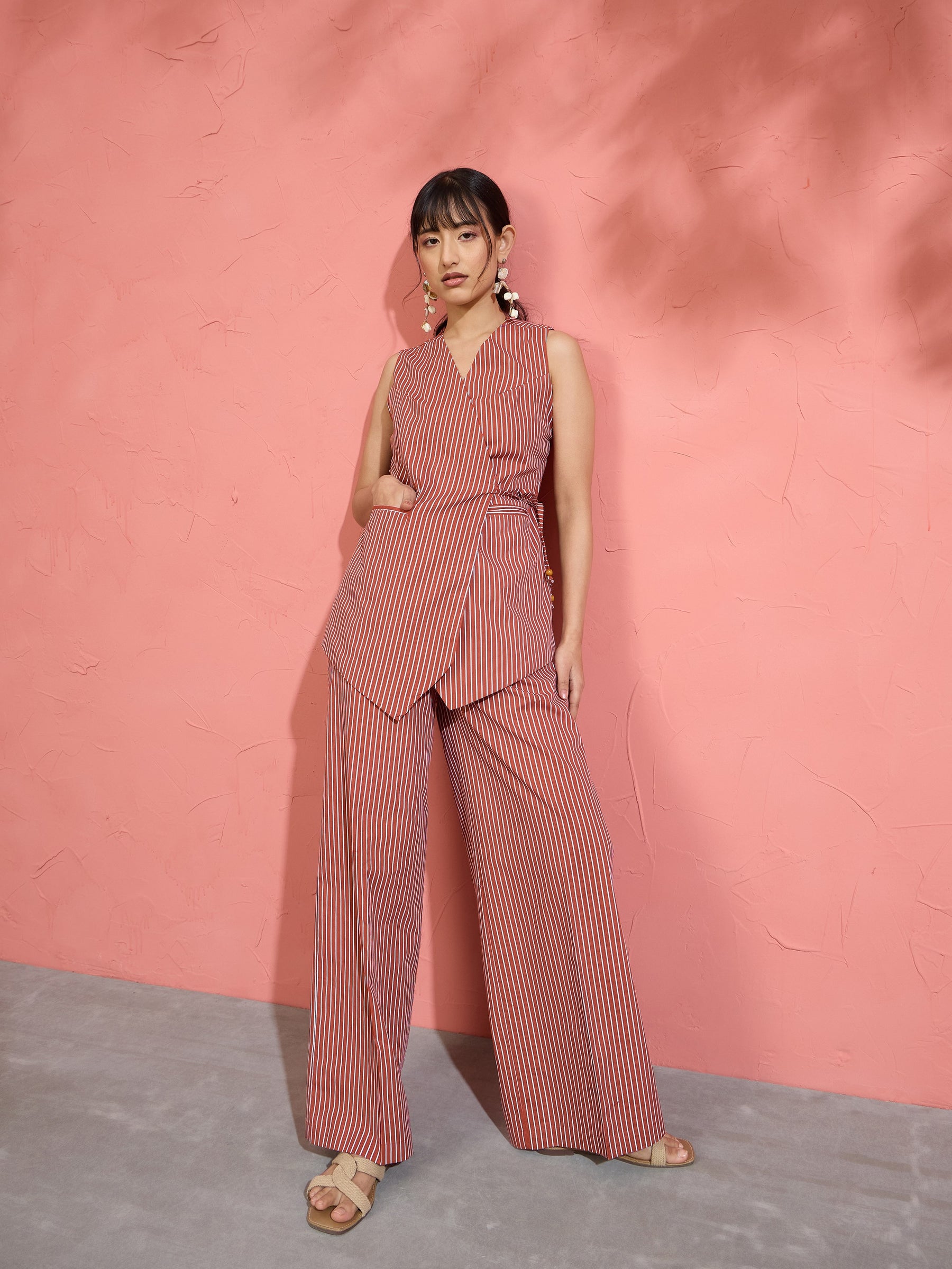 Women Brown Pin Stripe Wrap Vest With Pants