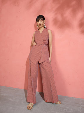 Women Brown Pin Stripe Wrap Vest With Pants