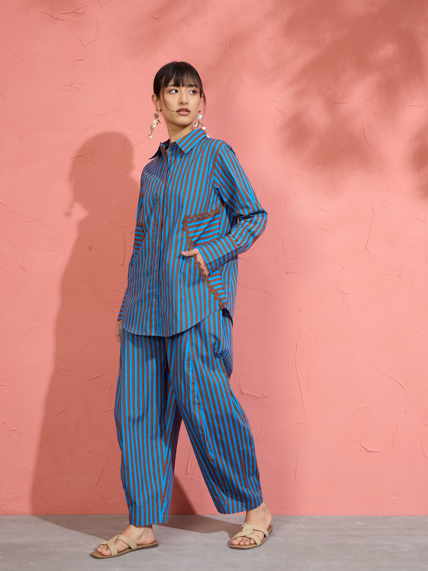 Blue & Brown Stripe Shirt With Balloon Pants-Pink Paprika by SASSAFRAS