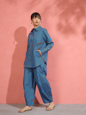 Blue & Brown Stripe Shirt With Balloon Pants-Pink Paprika by SASSAFRAS