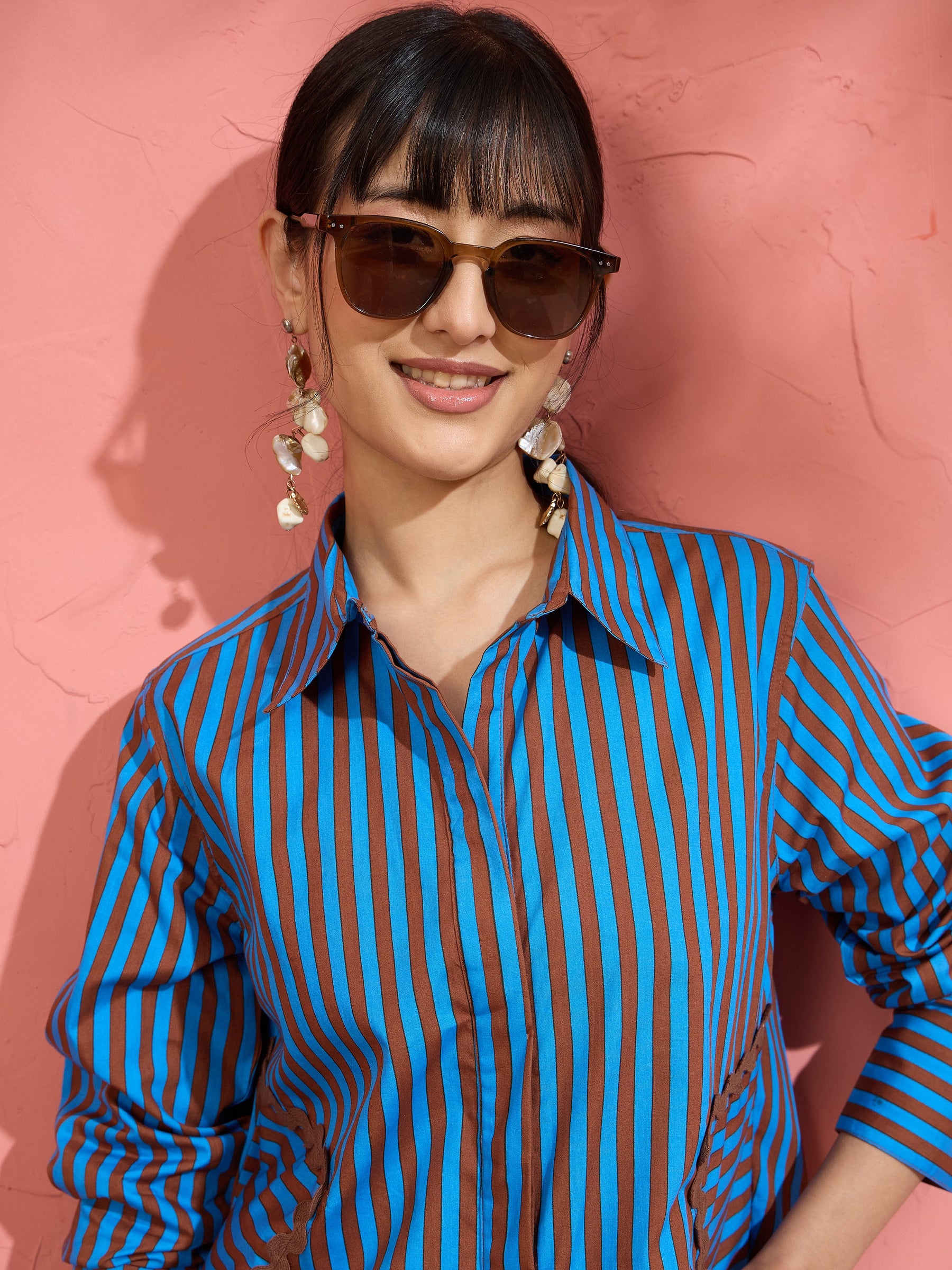 Blue & Brown Stripe Shirt With Balloon Pants-Pink Paprika by SASSAFRAS