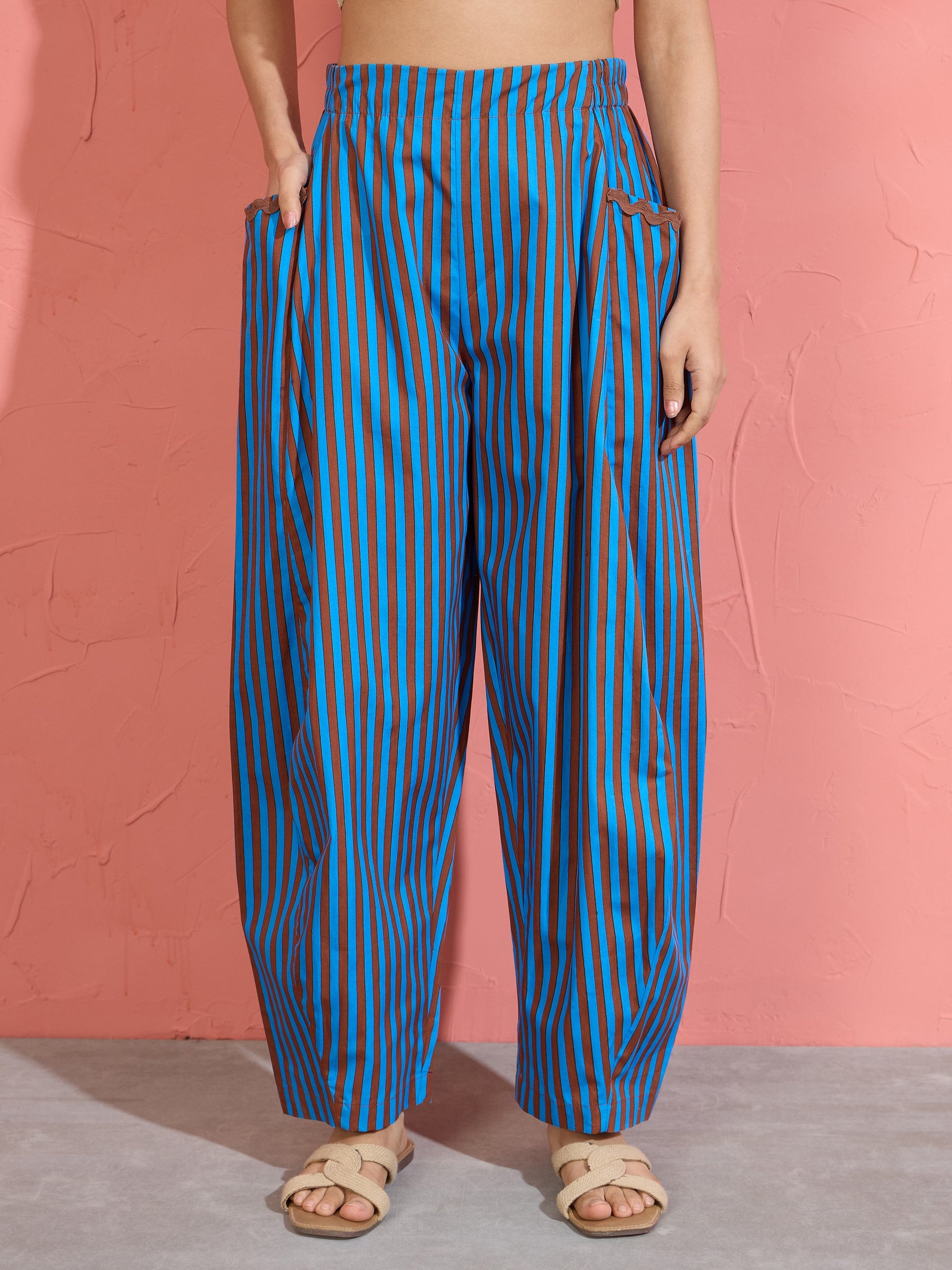 Women Blue & Brown Stripe Shirt With Balloon Pants