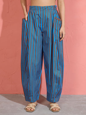 Women Blue & Brown Stripe Shirt With Balloon Pants
