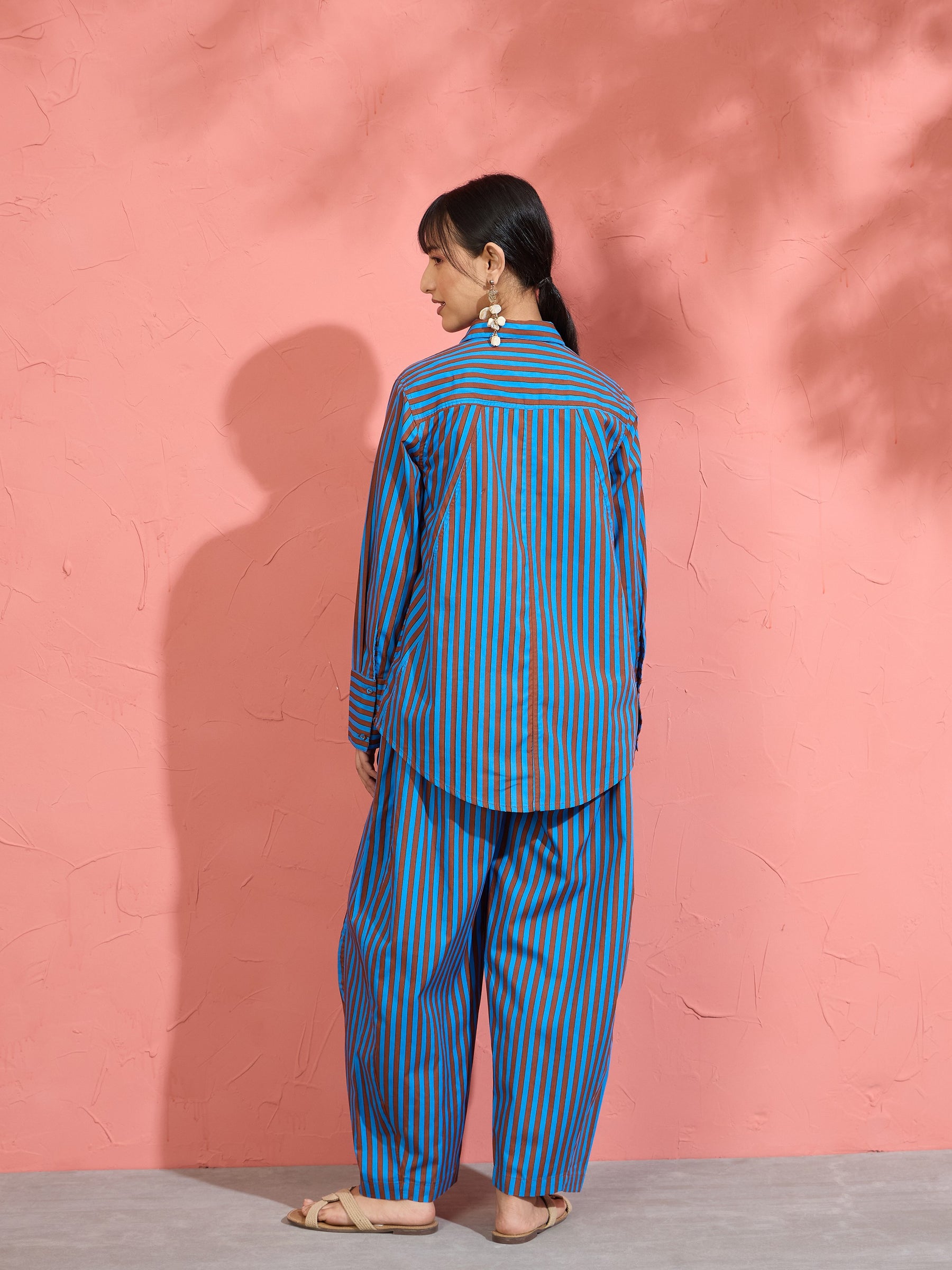 Women Blue & Brown Stripe Shirt With Balloon Pants