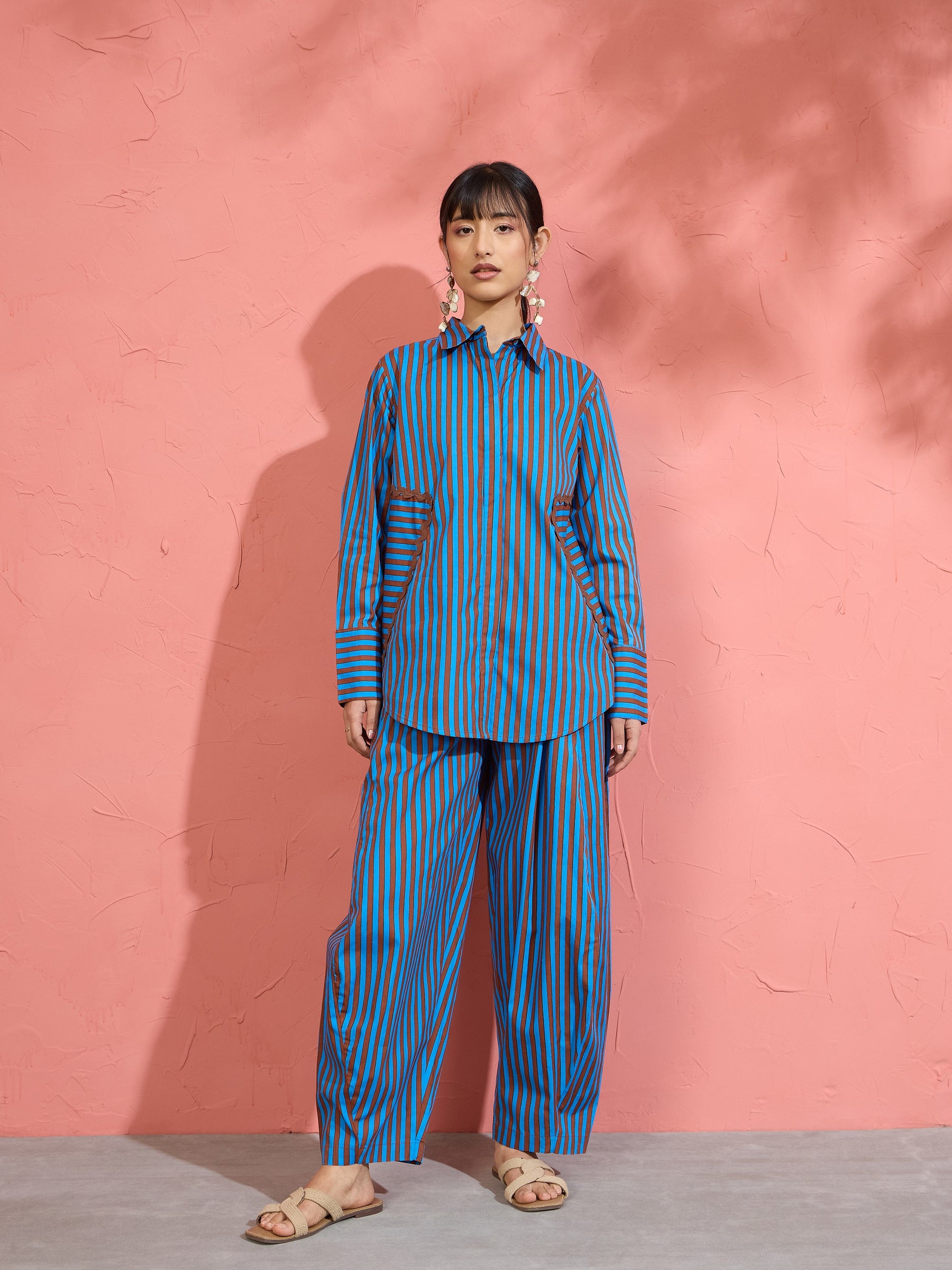 Women Blue & Brown Stripe Shirt With Balloon Pants