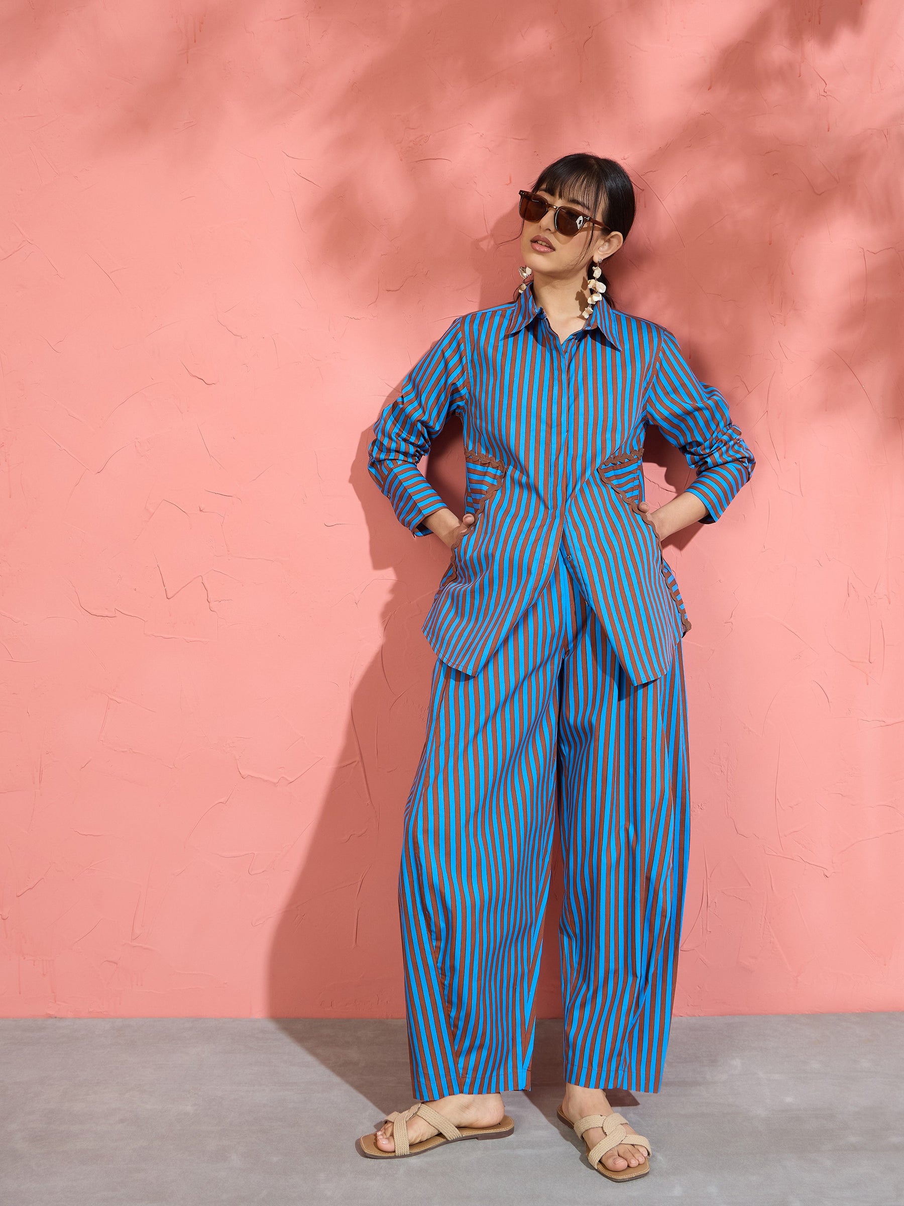 Women Blue & Brown Stripe Shirt With Balloon Pants