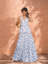 Women White & Blue Printed Halter Vest Top With Tiered Skirt