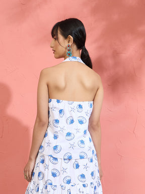 White & Blue Printed Halter Vest Top With Tiered Skirt -Pink Paprika by SASSAFRAS