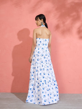 Women White & Blue Printed Halter Vest Top With Tiered Skirt