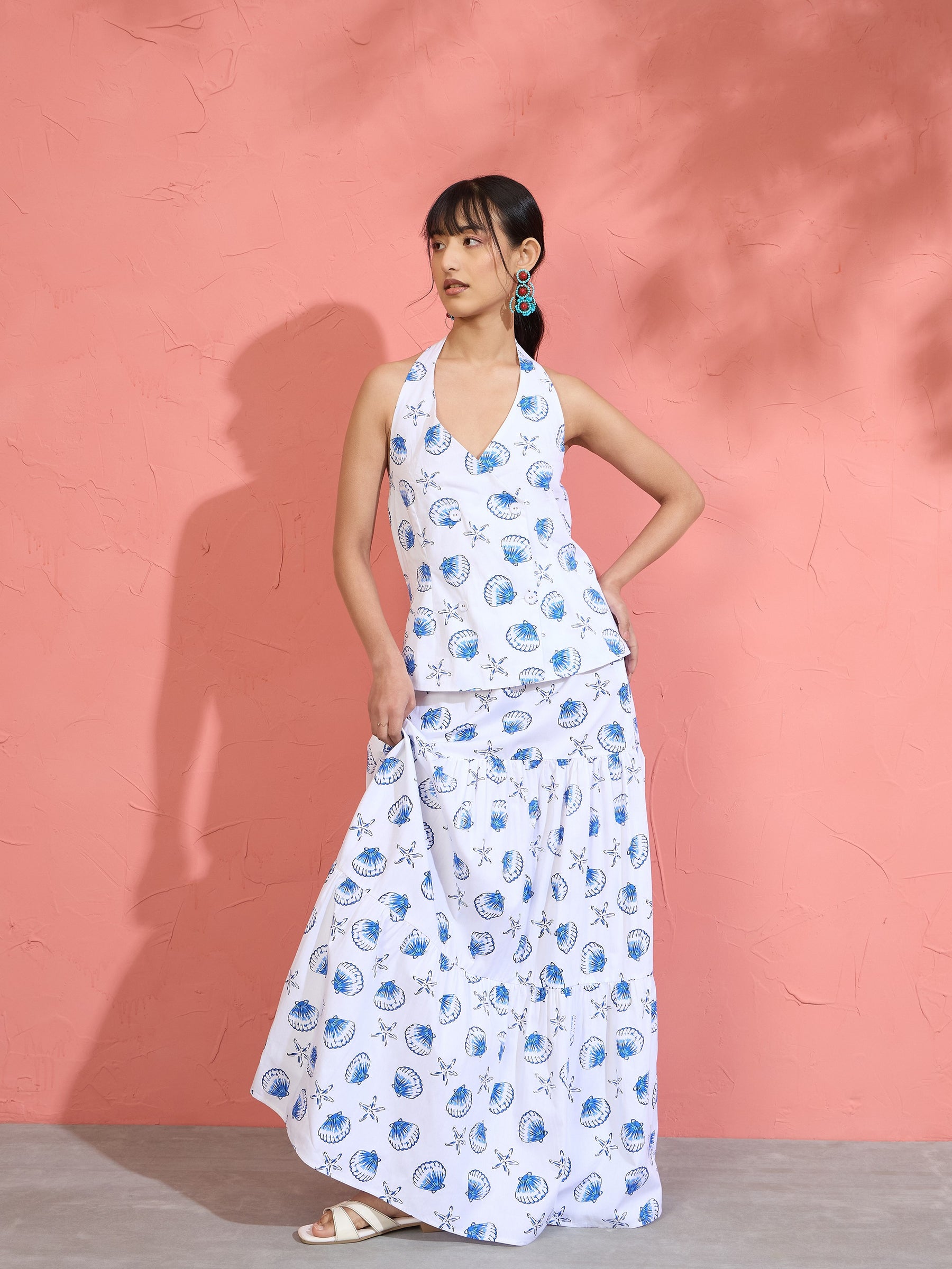 Women White & Blue Printed Halter Vest Top With Tiered Skirt