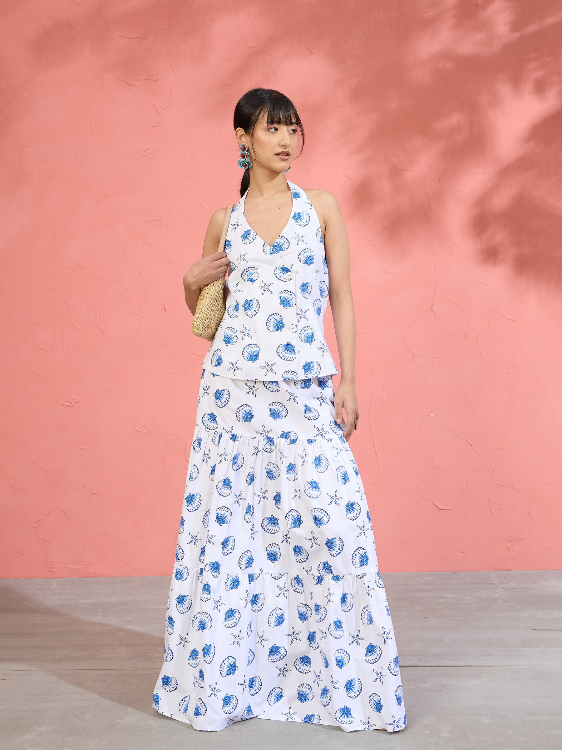 Women White & Blue Printed Halter Vest Top With Tiered Skirt