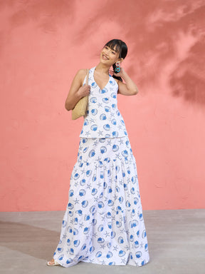 Women White & Blue Printed Halter Vest Top With Tiered Skirt