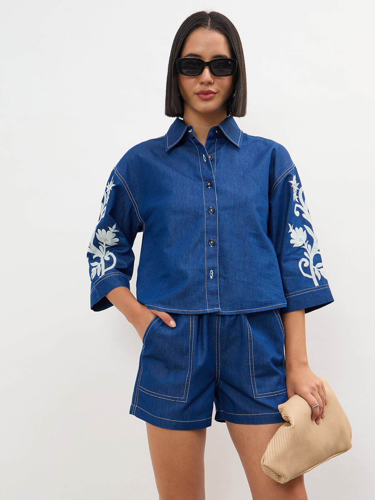 Navy Embroidered Tencel Crop Shirt With Shorts-SASSAFRAS