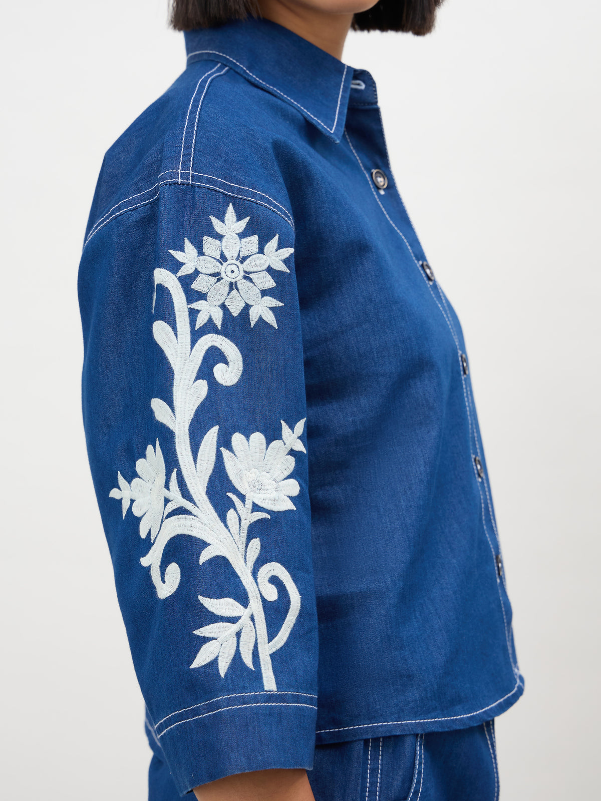 Navy Embroidered Tencel Crop Shirt With Shorts-SASSAFRAS