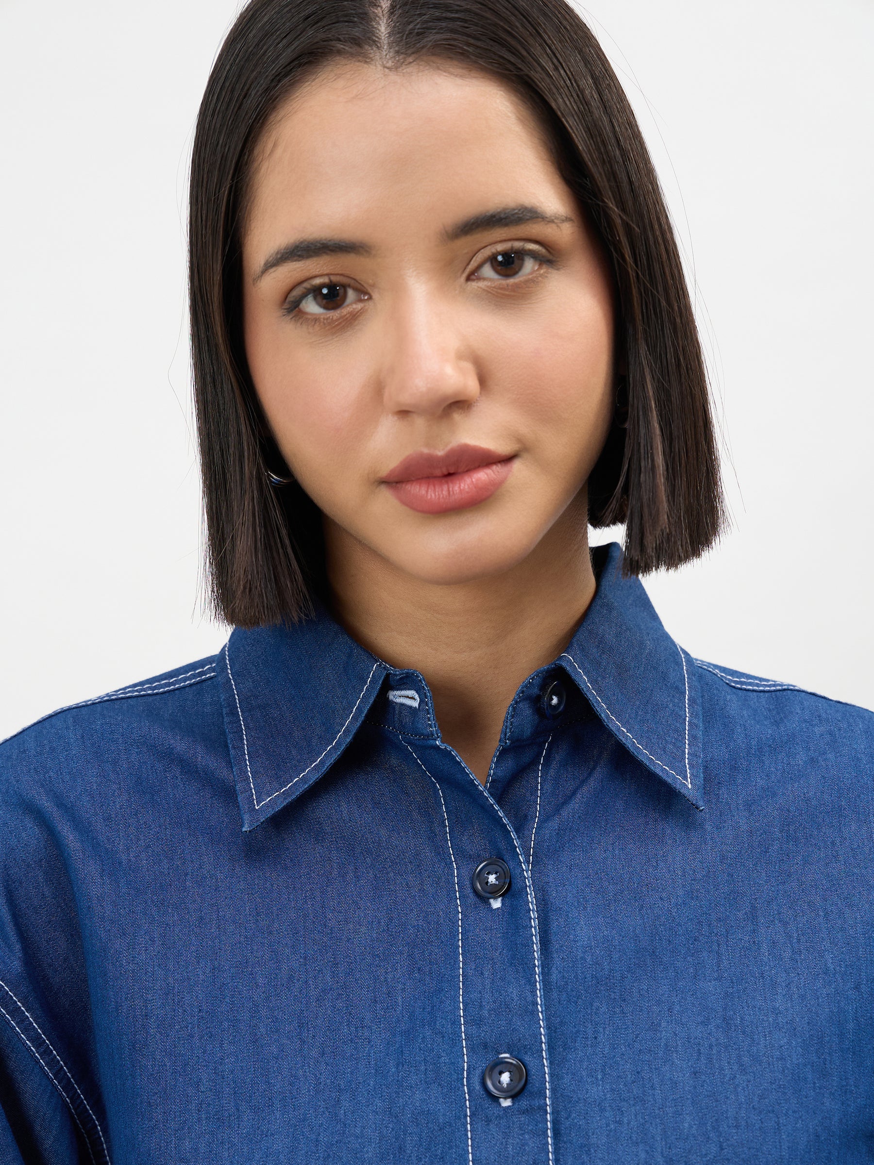 Navy Embroidered Tencel Crop Shirt With Shorts-SASSAFRAS