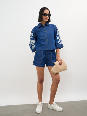 Women Navy Embroidered Tencel Crop Shirt With Shorts