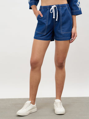 Women Navy Embroidered Tencel Crop Shirt With Shorts
