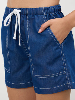 Women Navy Embroidered Tencel Crop Shirt With Shorts