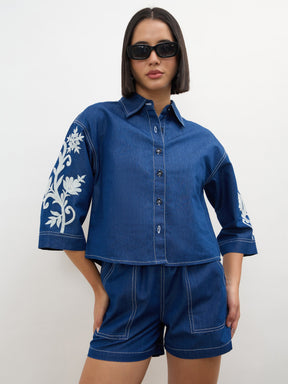Women Navy Embroidered Tencel Crop Shirt With Shorts