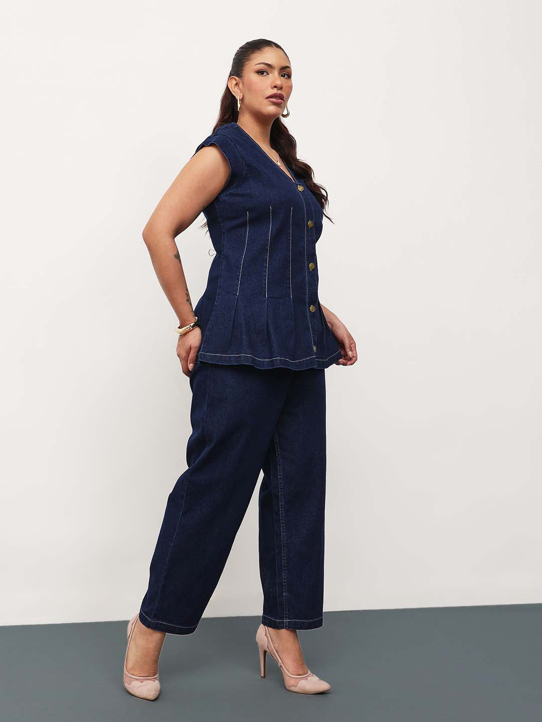 Navy Blue Denim Down Button Top With Mom Fit Jeans-SASSAFRAS Curve