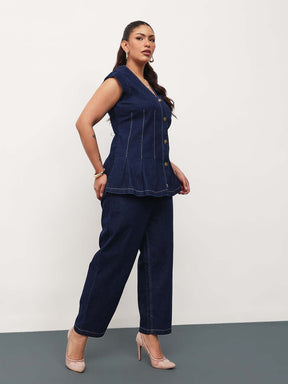 Navy Blue Denim Down Button Top With Mom Fit Jeans-SASSAFRAS Curve