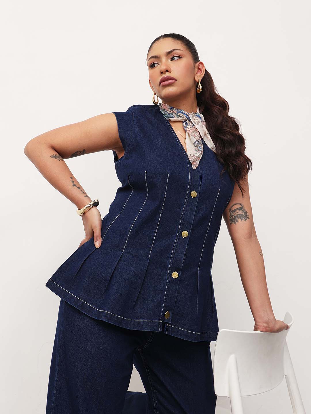 Navy Blue Denim Down Button Top With Mom Fit Jeans-SASSAFRAS Curve