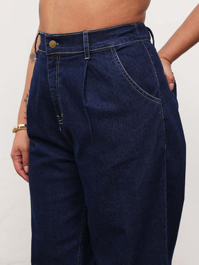 Navy Blue Denim Down Button Top With Mom Fit Jeans-SASSAFRAS Curve