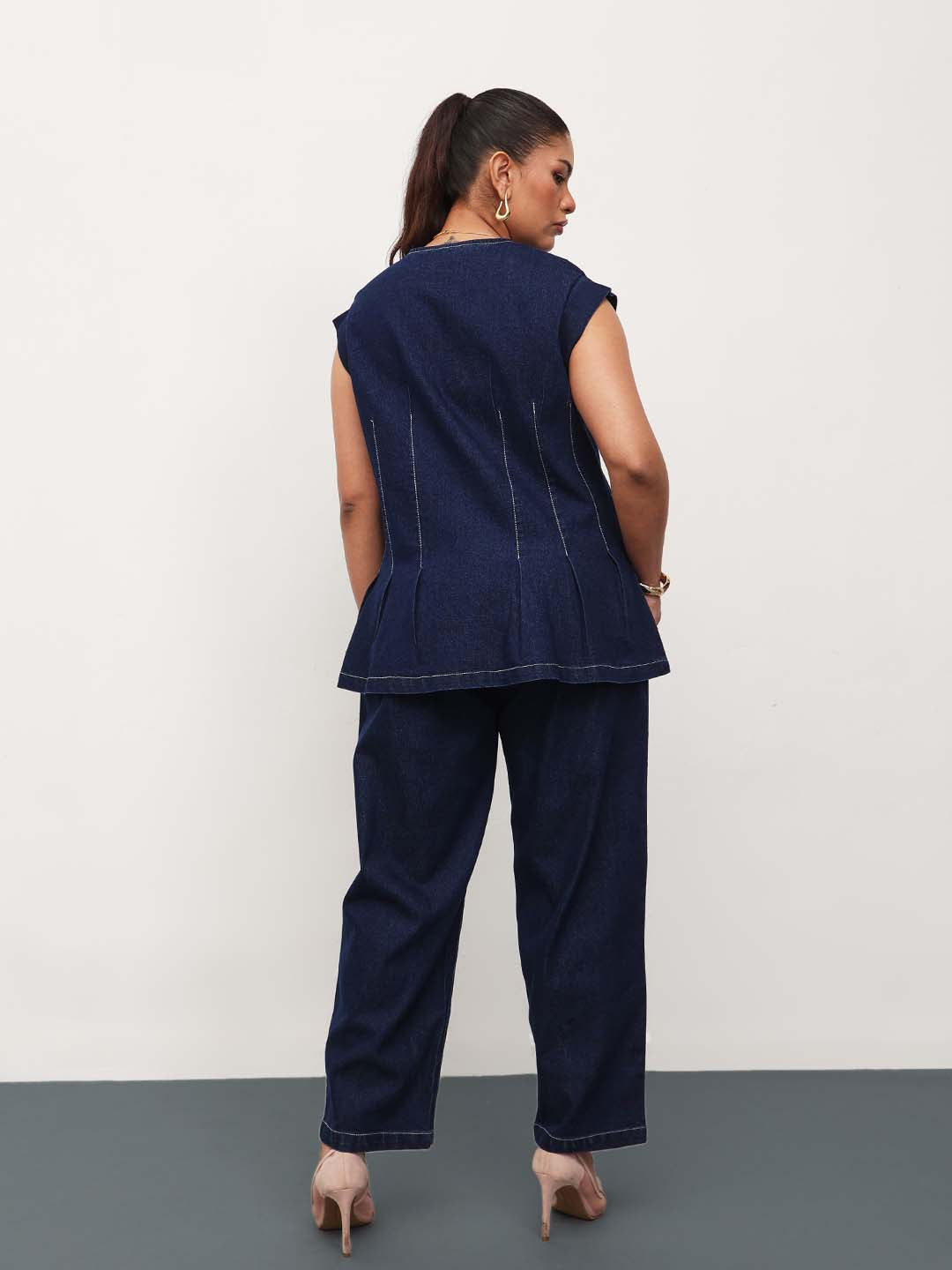 Navy Blue Denim Down Button Top With Mom Fit Jeans-SASSAFRAS Curve