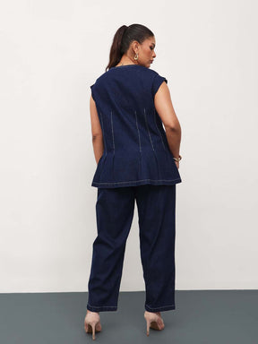 Navy Blue Denim Down Button Top With Mom Fit Jeans-SASSAFRAS Curve