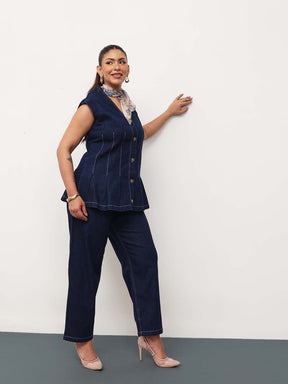 Women Navy Blue Denim Down Button Top With Mom Fit Jeans