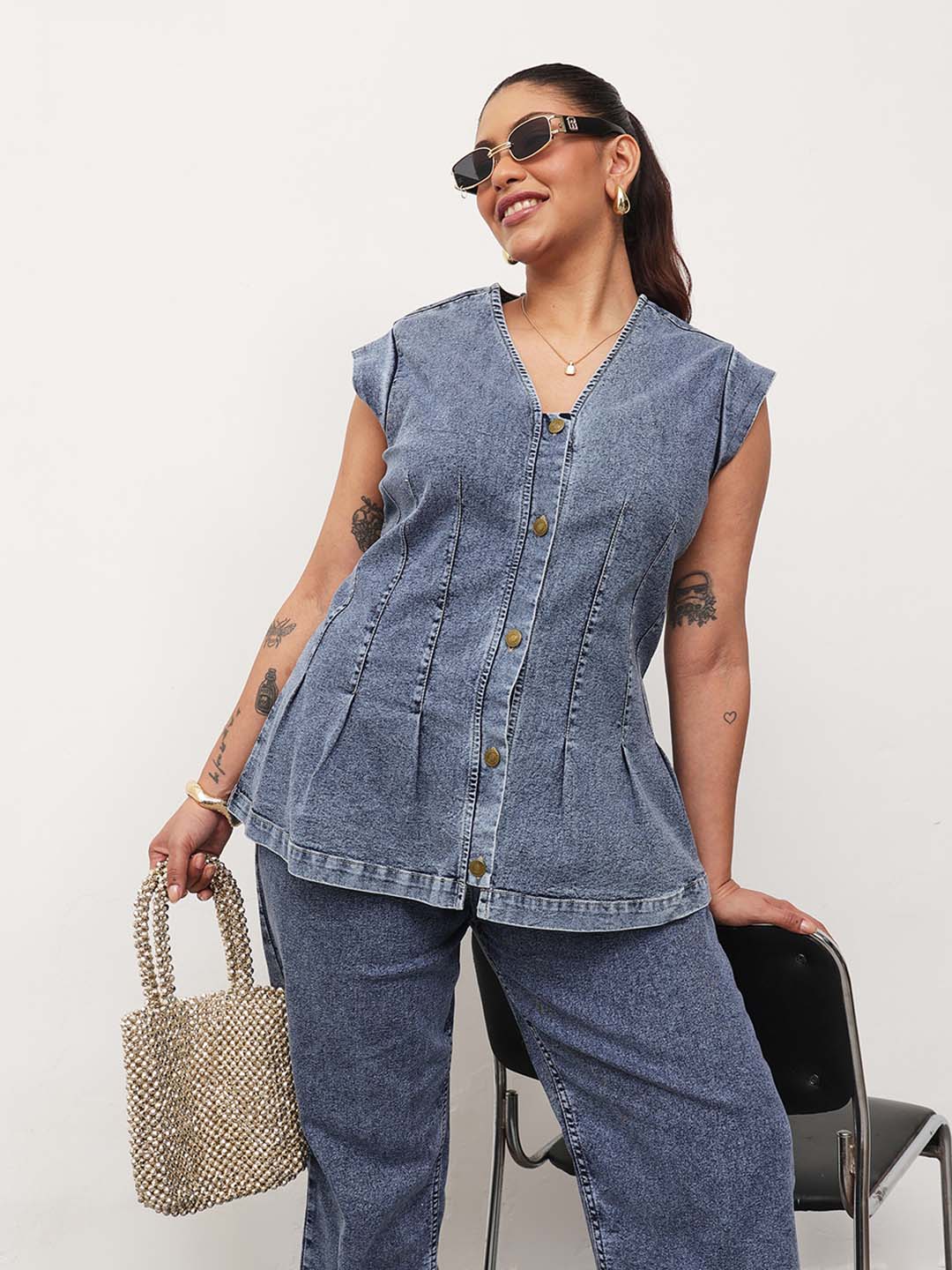 Blue Blast Denim Button Down Top With Mom Fit Jeans-SASSAFRAS Curve