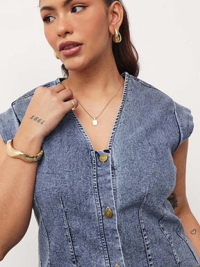 Blue Blast Denim Button Down Top With Mom Fit Jeans-SASSAFRAS Curve