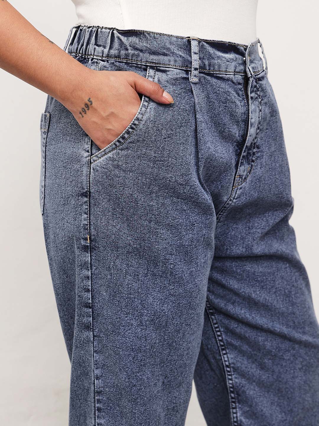 Blue Blast Denim Button Down Top With Mom Fit Jeans-SASSAFRAS Curve
