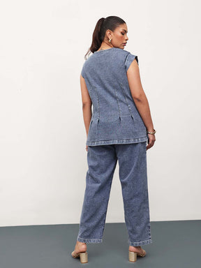 Blue Blast Denim Button Down Top With Mom Fit Jeans-SASSAFRAS Curve