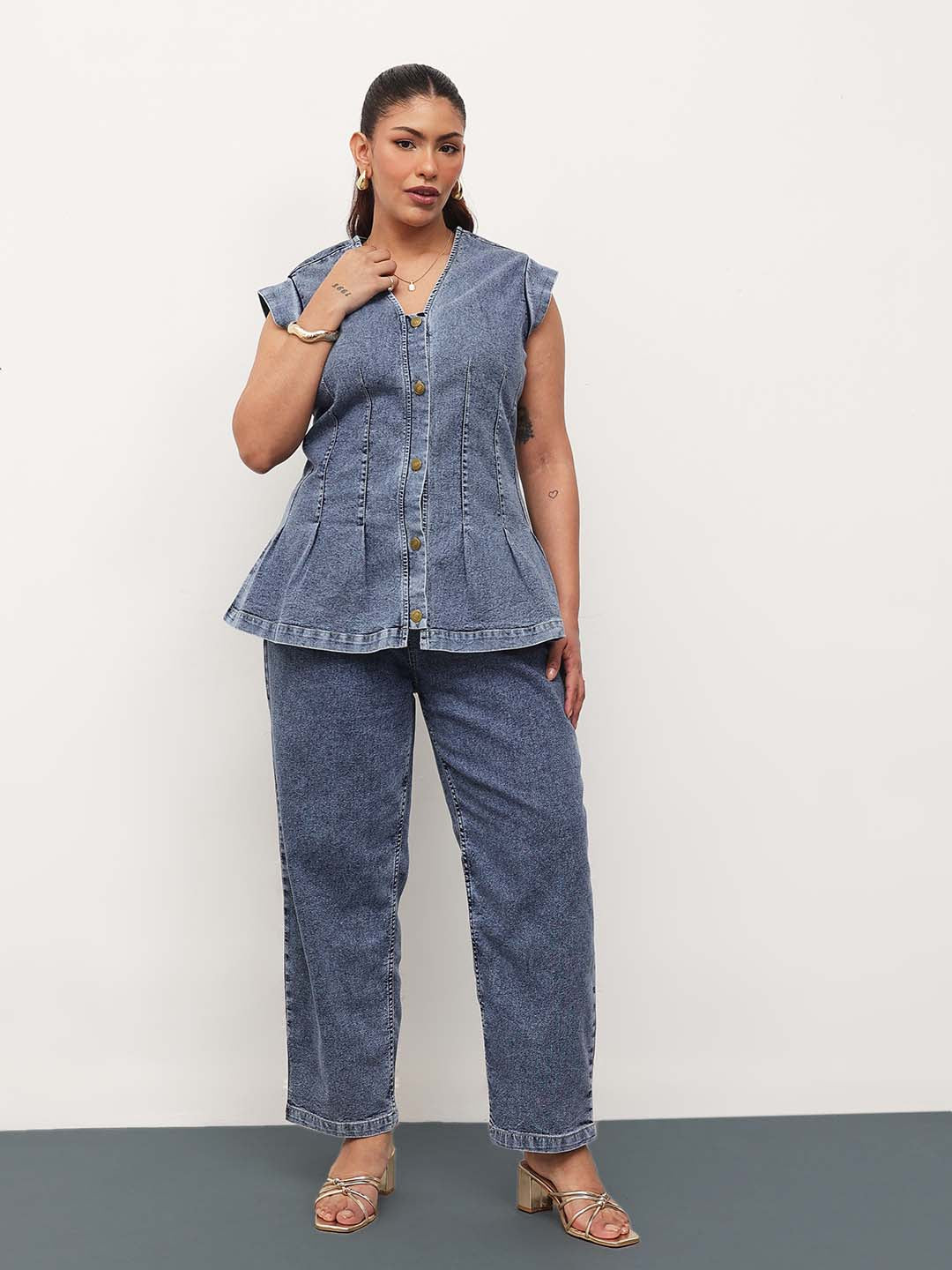 Women Blue Blast Denim Button Down Top With Mom Fit Jeans