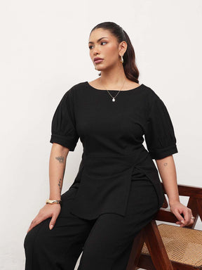 Black Round Neck Top With Straight Pants -SASSAFRAS Curve