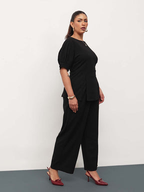 Black Round Neck Top With Straight Pants -SASSAFRAS Curve
