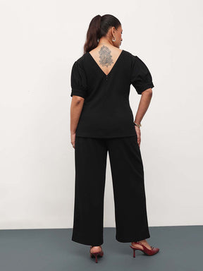 Black Round Neck Top With Straight Pants -SASSAFRAS Curve
