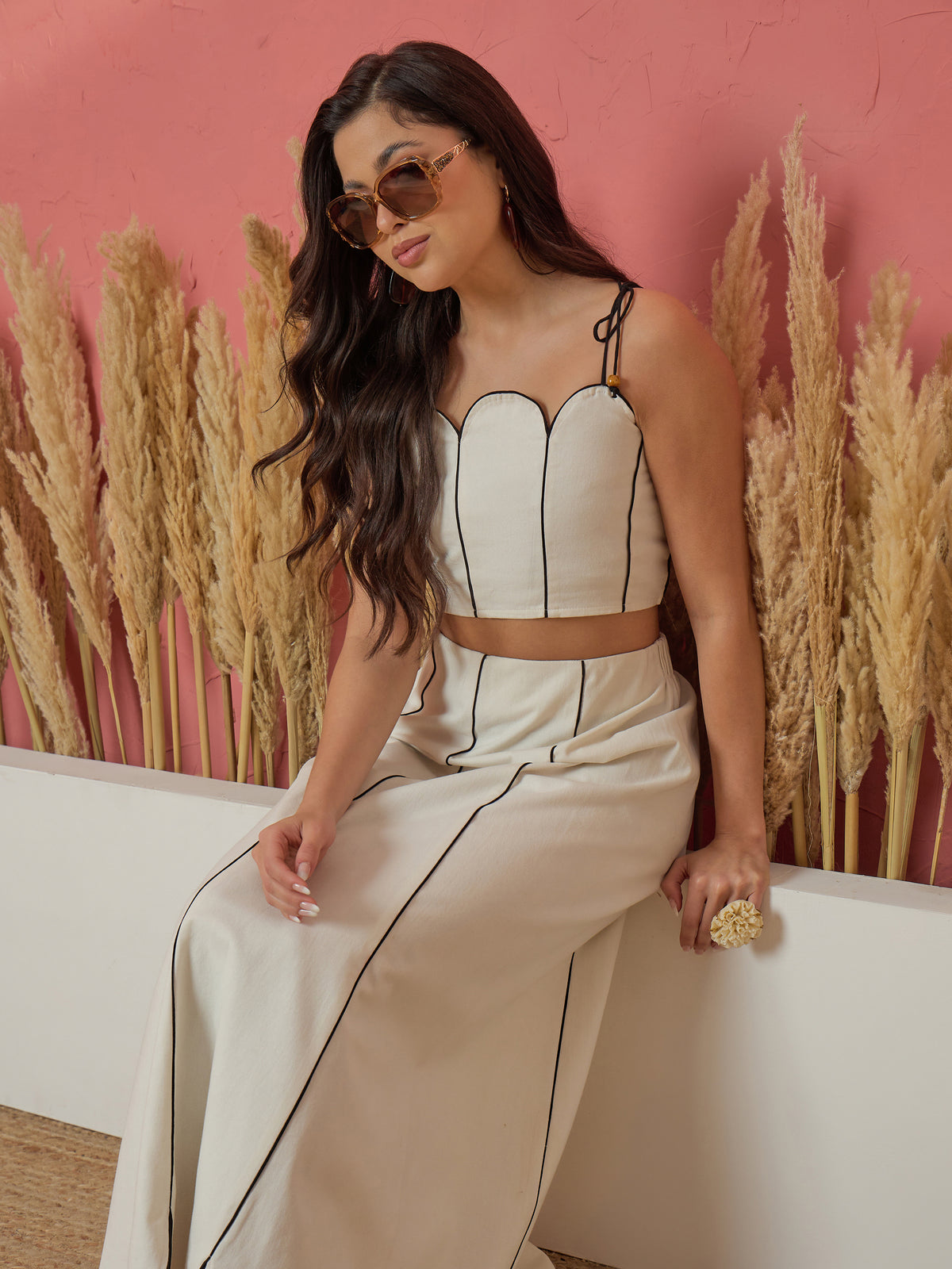 White Twill Strappy Crop Top With Scalloped Skirt -Pink Paprika by SASSAFRAS