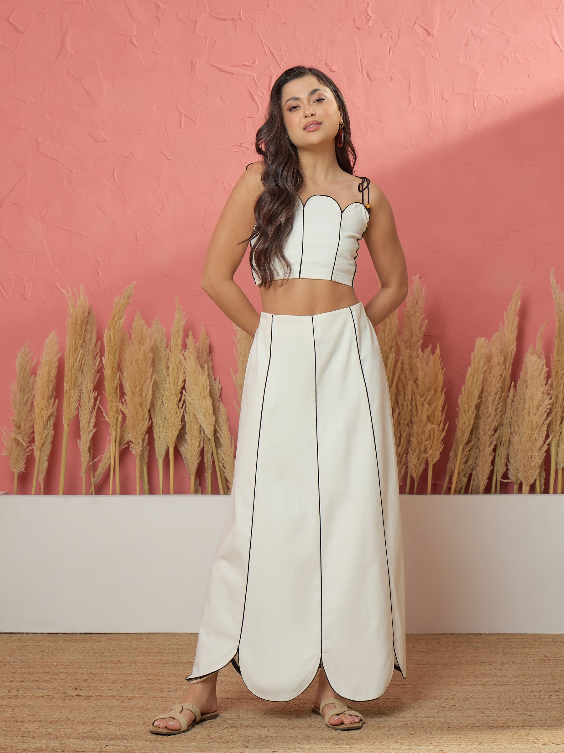 Women White Twill Strappy Crop Top With Scalloped Skirt