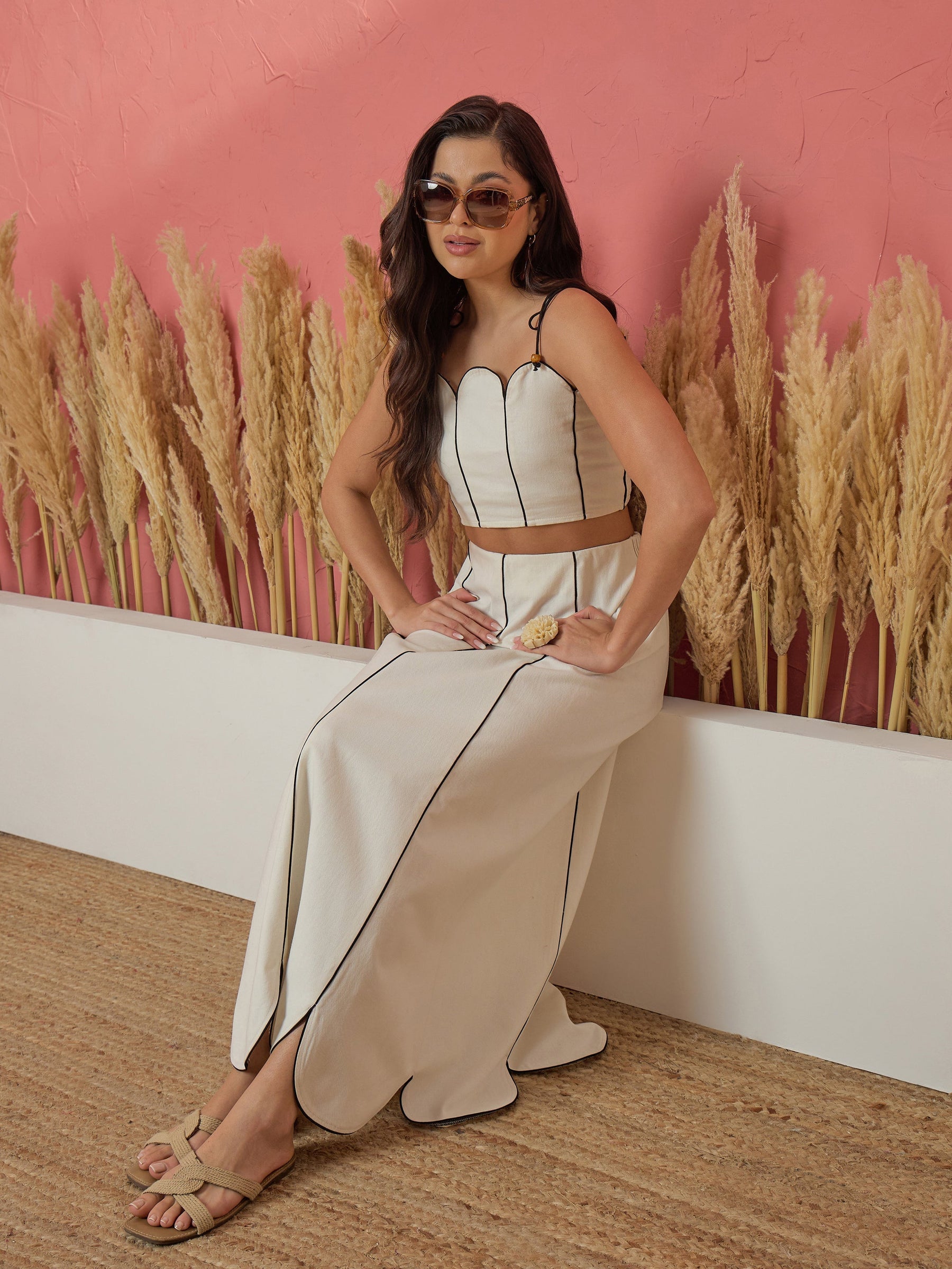 Women White Twill Strappy Crop Top With Scalloped Skirt