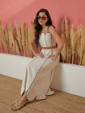 Women White Twill Strappy Crop Top With Scalloped Skirt