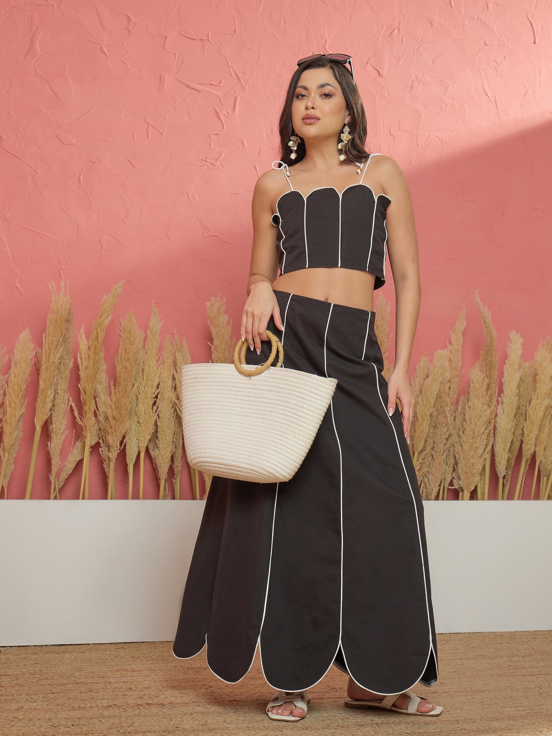 Women Black Twill Strappy Crop Top With Scalloped Skirt