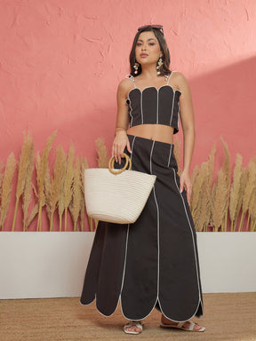 Women Black Twill Strappy Crop Top With Scalloped Skirt