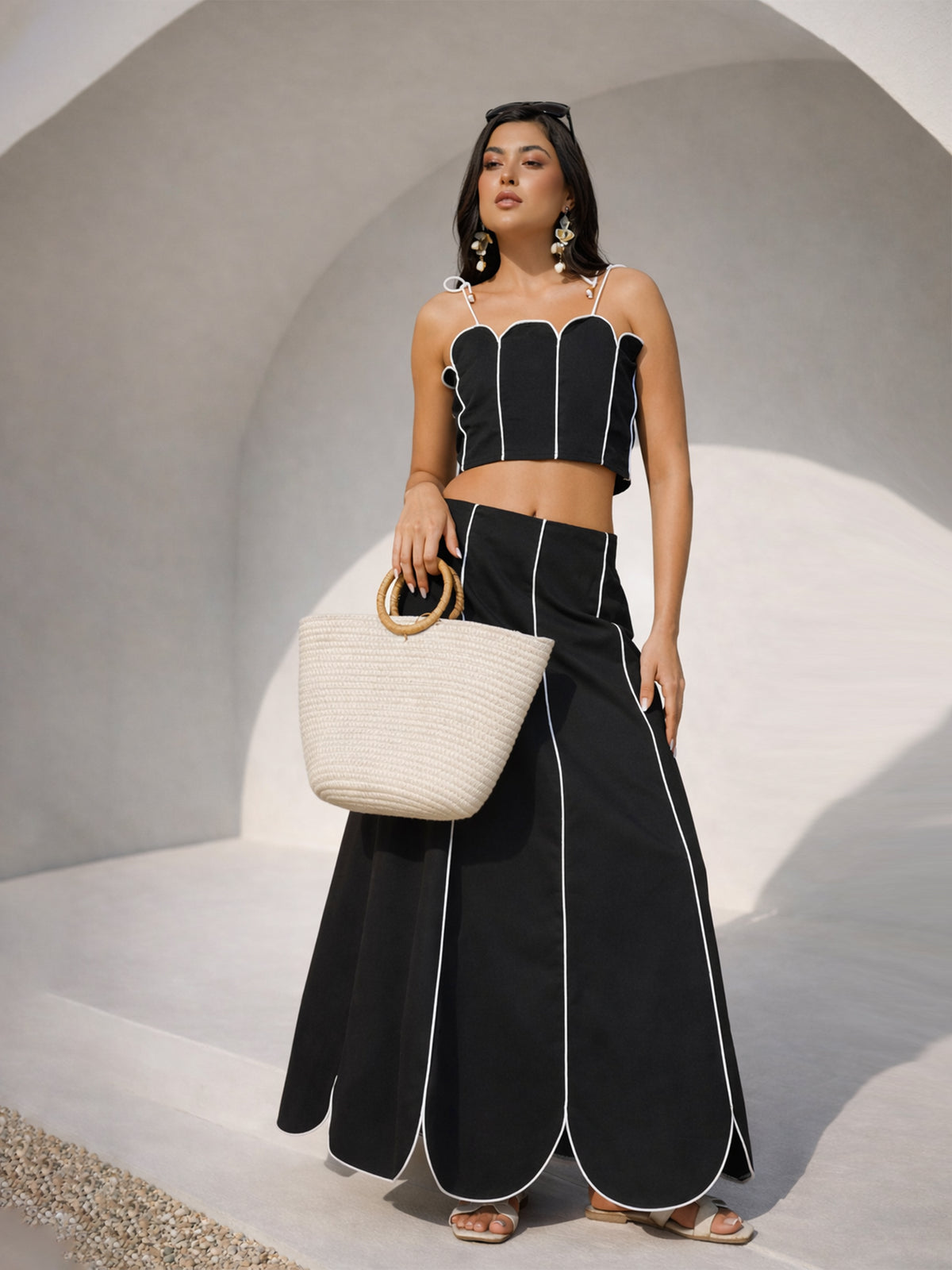 Black Twill Strappy Crop Top With Scalloped Skirt -Pink Paprika by SASSAFRAS