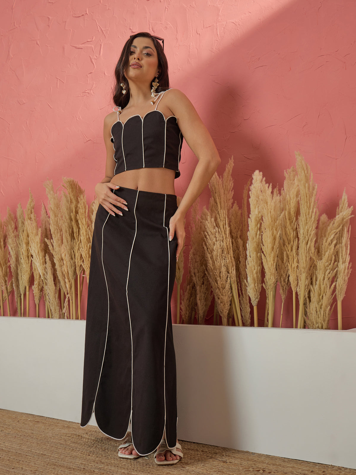 Black Twill Strappy Crop Top With Scalloped Skirt -Pink Paprika by SASSAFRAS