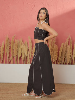 Black Twill Strappy Crop Top With Scalloped Skirt -Pink Paprika by SASSAFRAS