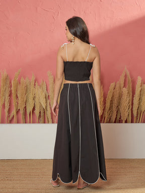 Women Black Twill Strappy Crop Top With Scalloped Skirt