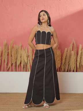 Women Black Twill Strappy Crop Top With Scalloped Skirt