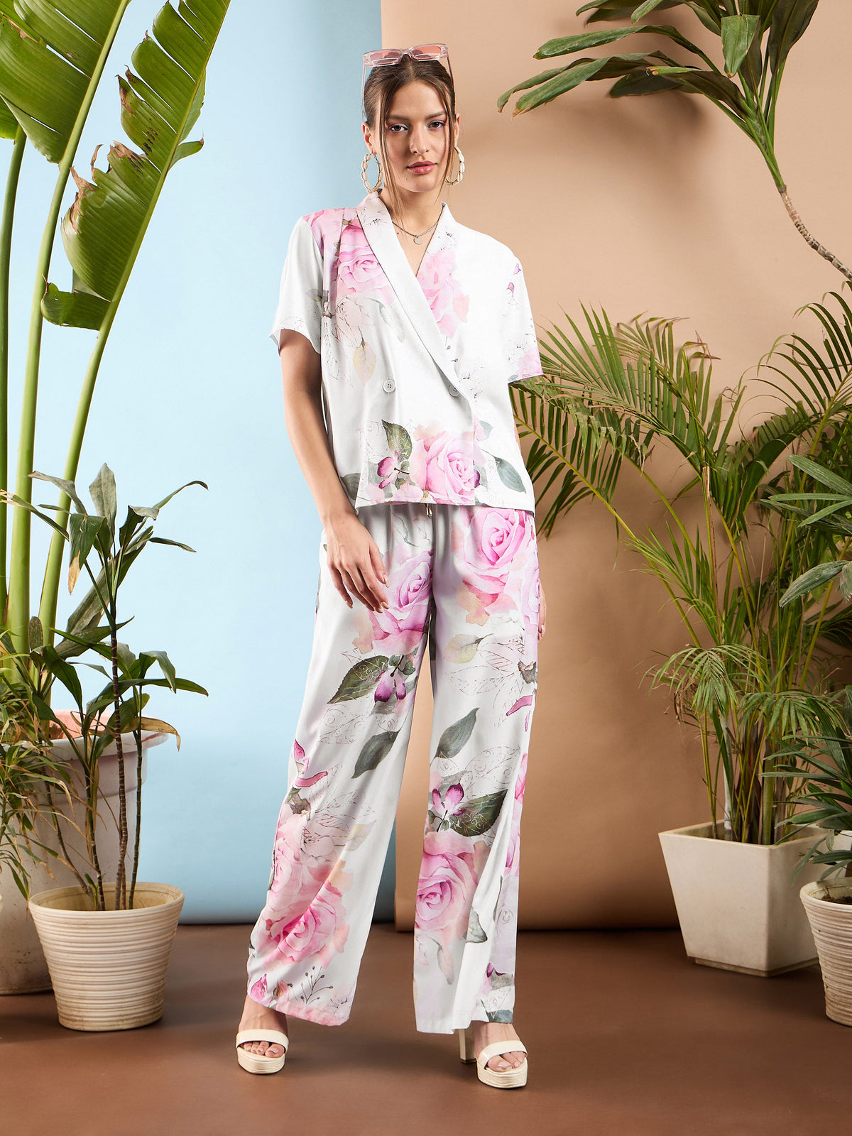 White Floral Shawl Collar Top With Pants-SASSAFRAS
